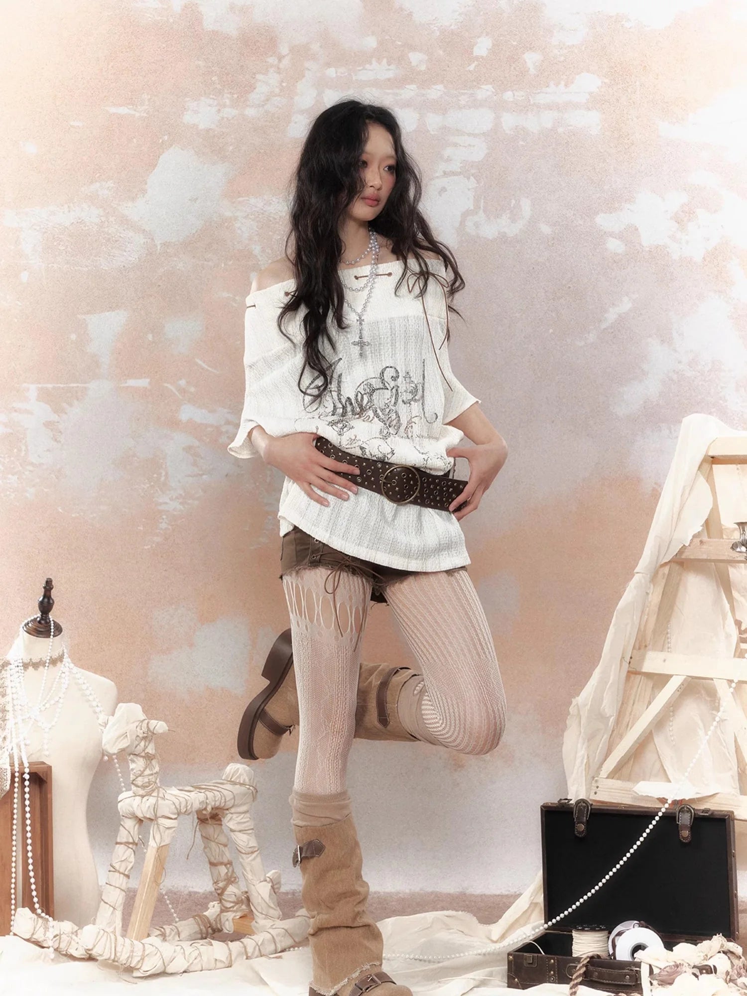 Steam Punk Fairy Tale Failed Print Top V Neck T Shirt Long Sleeve