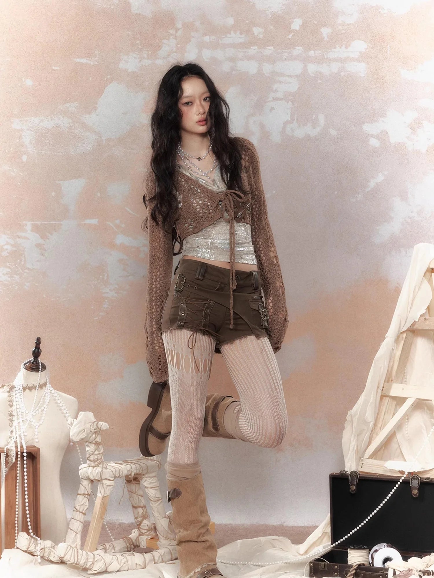 Steam Punk Knit Crop Top With Distressed Detail