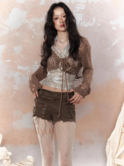 Steam Punk Knit Crop Top With Distressed Detail