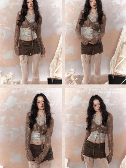 Steam Punk Knit Crop Top With Distressed Detail
