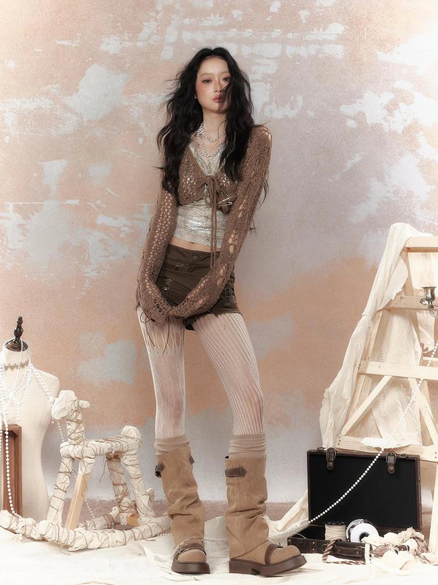 Steam Punk Knit Crop Top With Distressed Detail