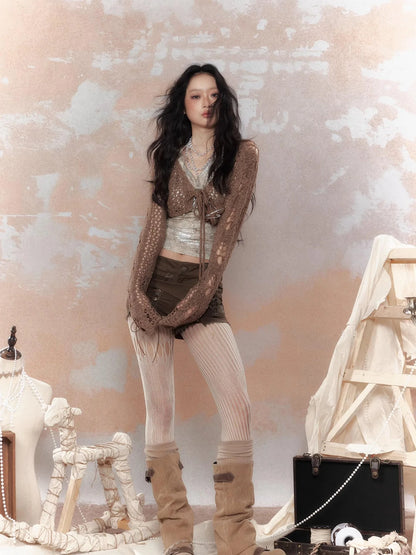 Steam Punk Knit Crop Top With Distressed Detail