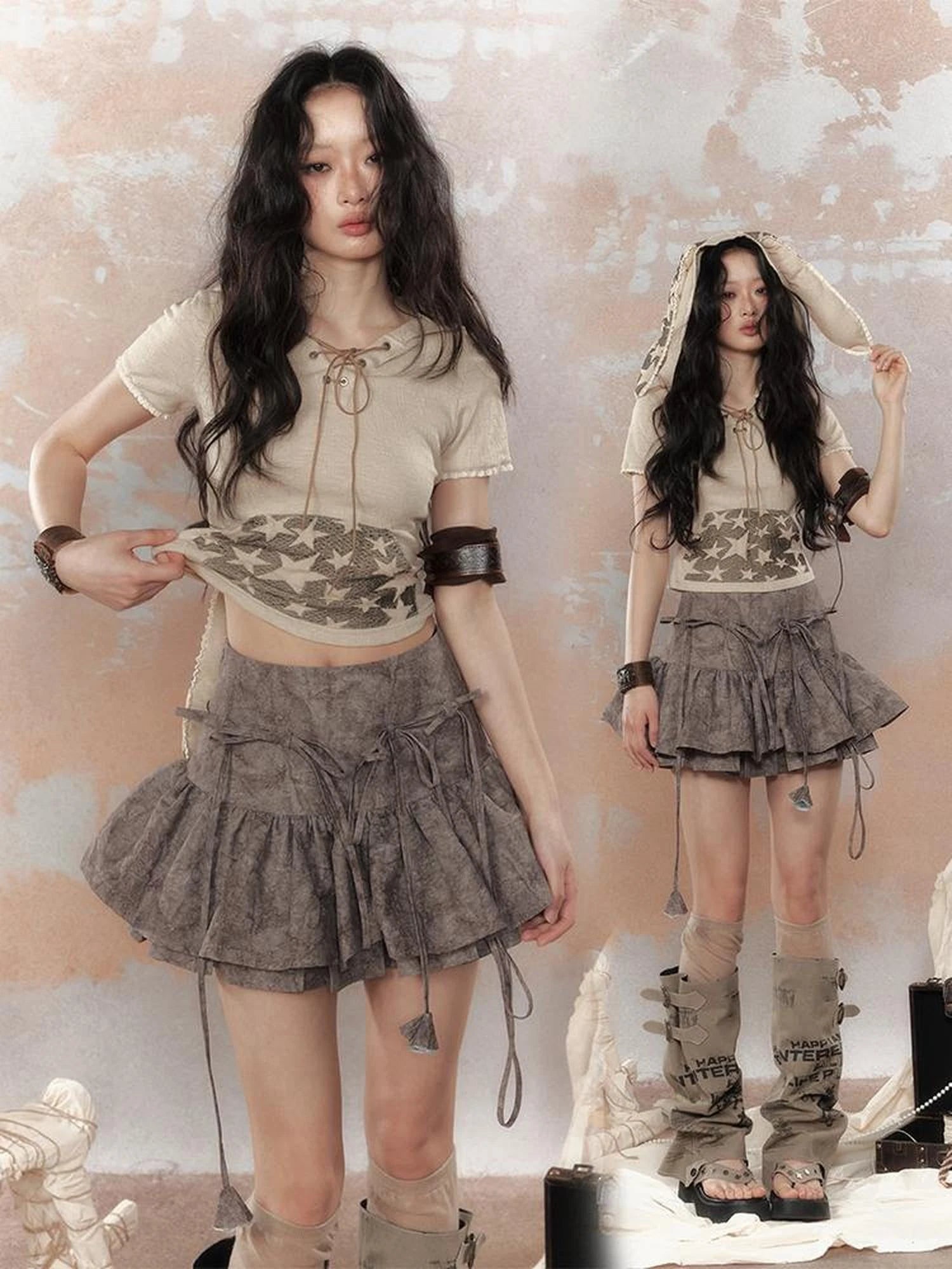 Steam Punk Star Print Rabbit Ear Hooded T-Shirt