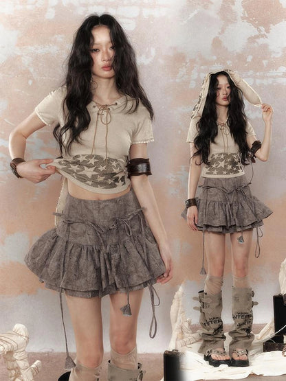 Steam Punk Star Print Rabbit Ear Hooded T-Shirt