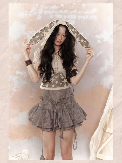 Steam Punk Star Print Rabbit Ear Hooded T-Shirt