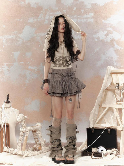 Steam Punk Star Print Rabbit Ear Hooded T-Shirt