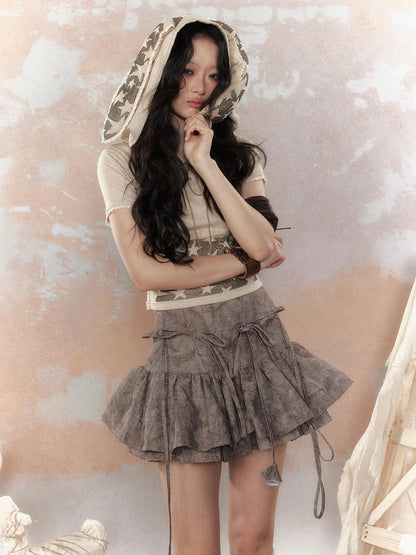 Steam Punk Star Print Rabbit Ear Hooded T-Shirt