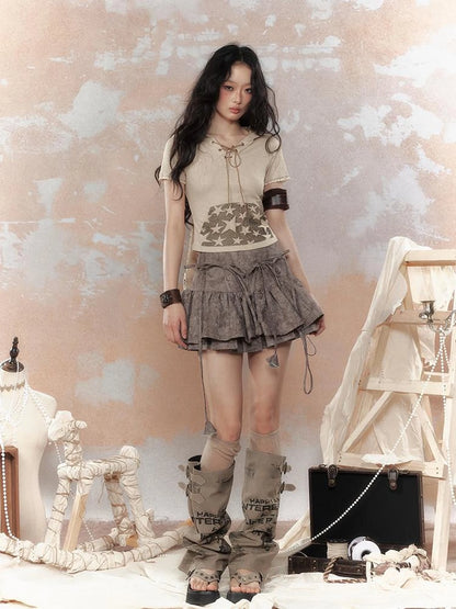 Steam Punk Star Print Rabbit Ear Hooded T-Shirt