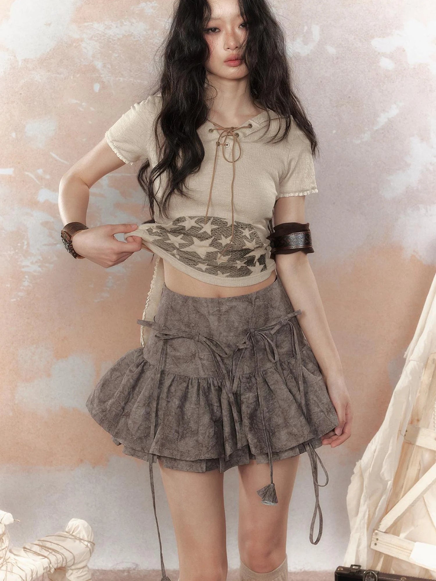 Steam Punk Star Print Rabbit Ear Hooded T-Shirt