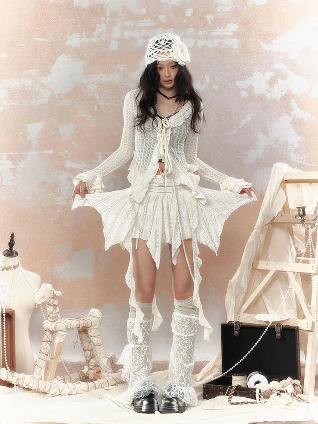 Steampunk Asymmetrical Skirt With Lace Trim