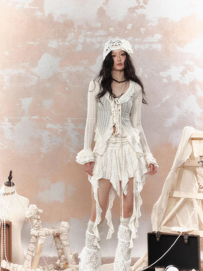 Steampunk Asymmetrical Skirt With Lace Trim