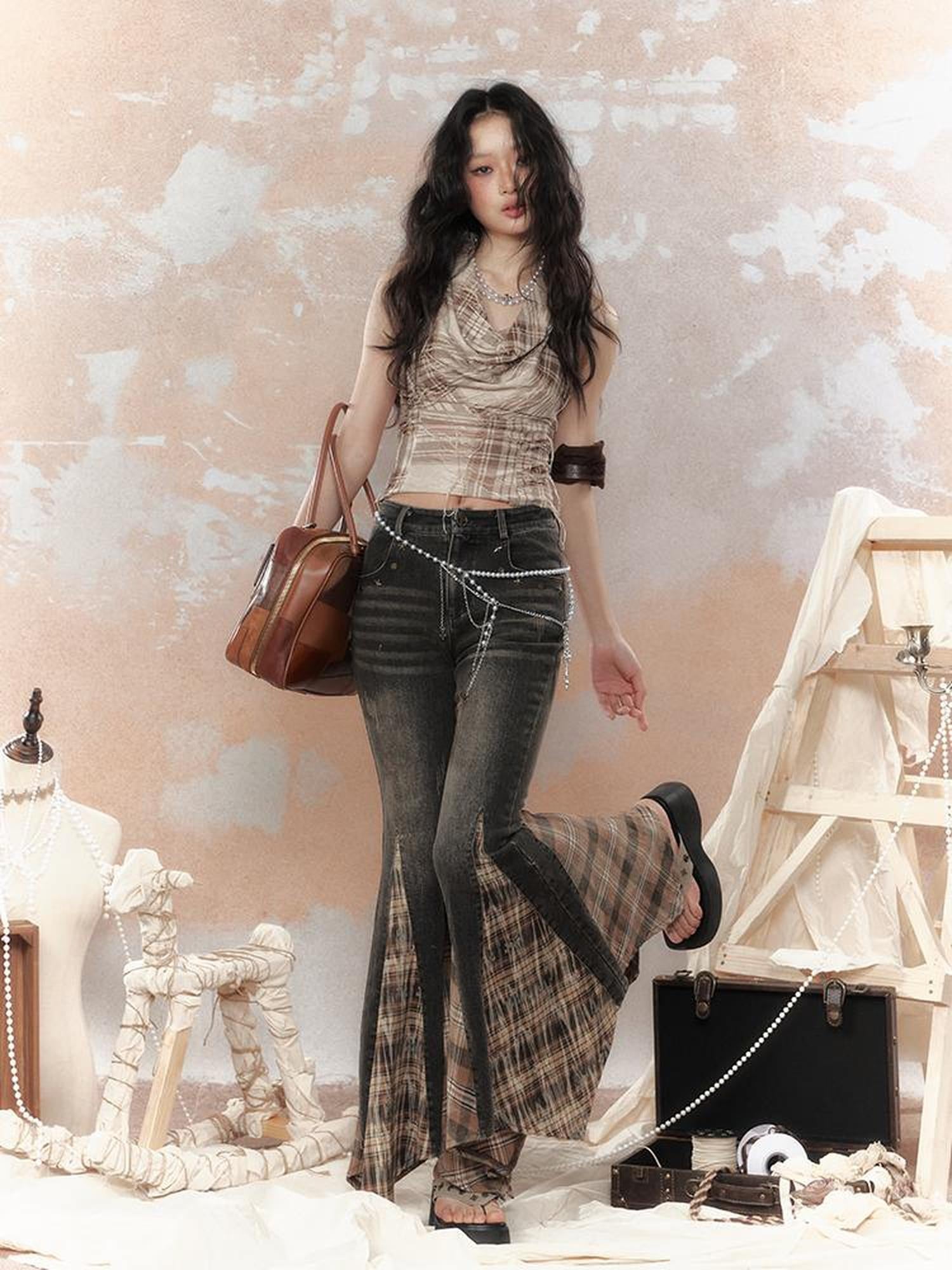 ALL iN plan Steampunk Denim Patchwork Flared Pants