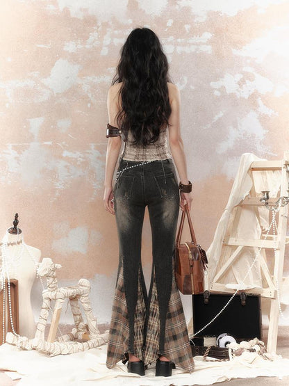 ALL iN plan Steampunk Denim Patchwork Flared Pants