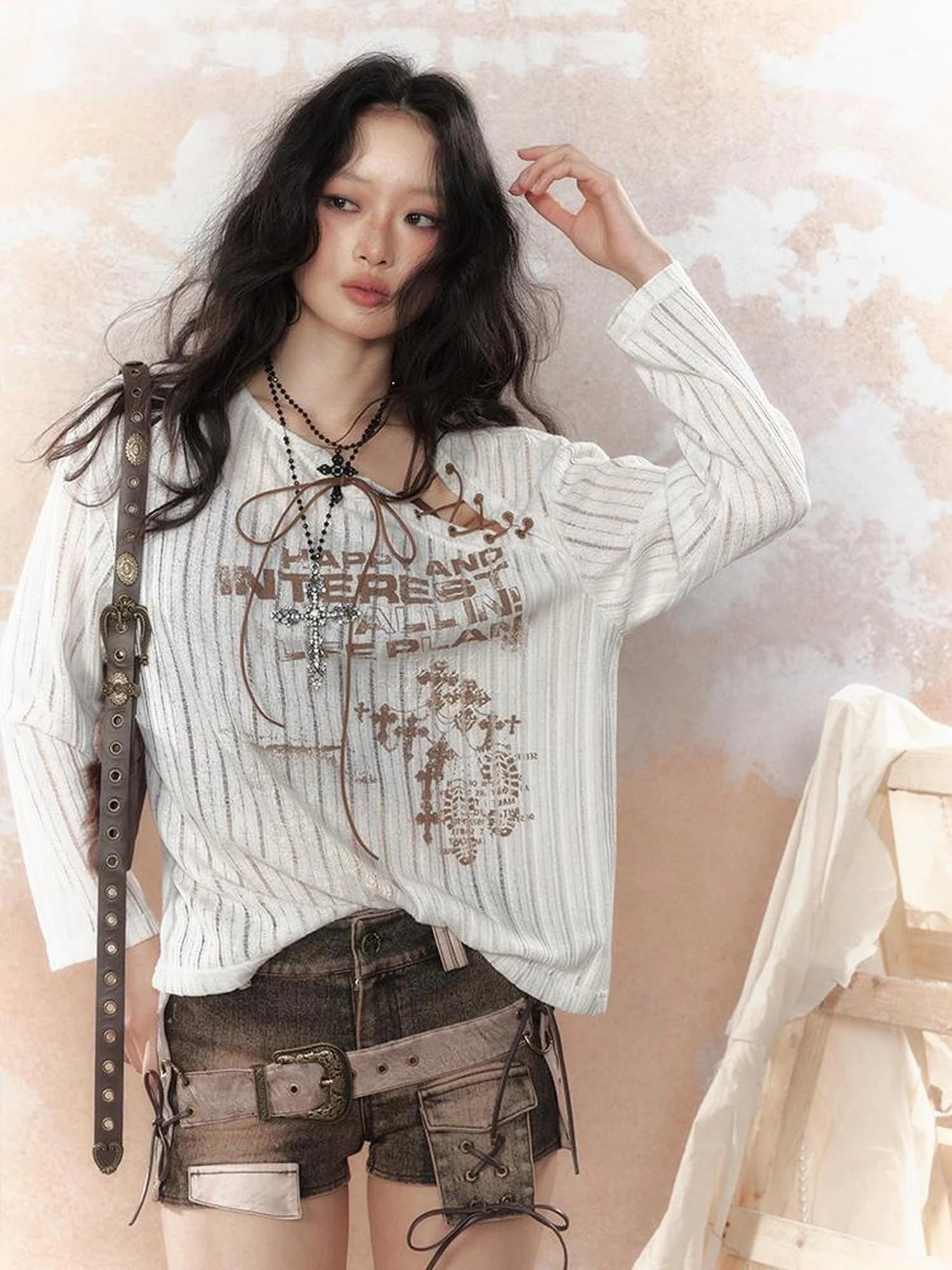Steampunk Fairy Tale Torn Lace Sunshade Top V Neck T Shirt Long Sleeve