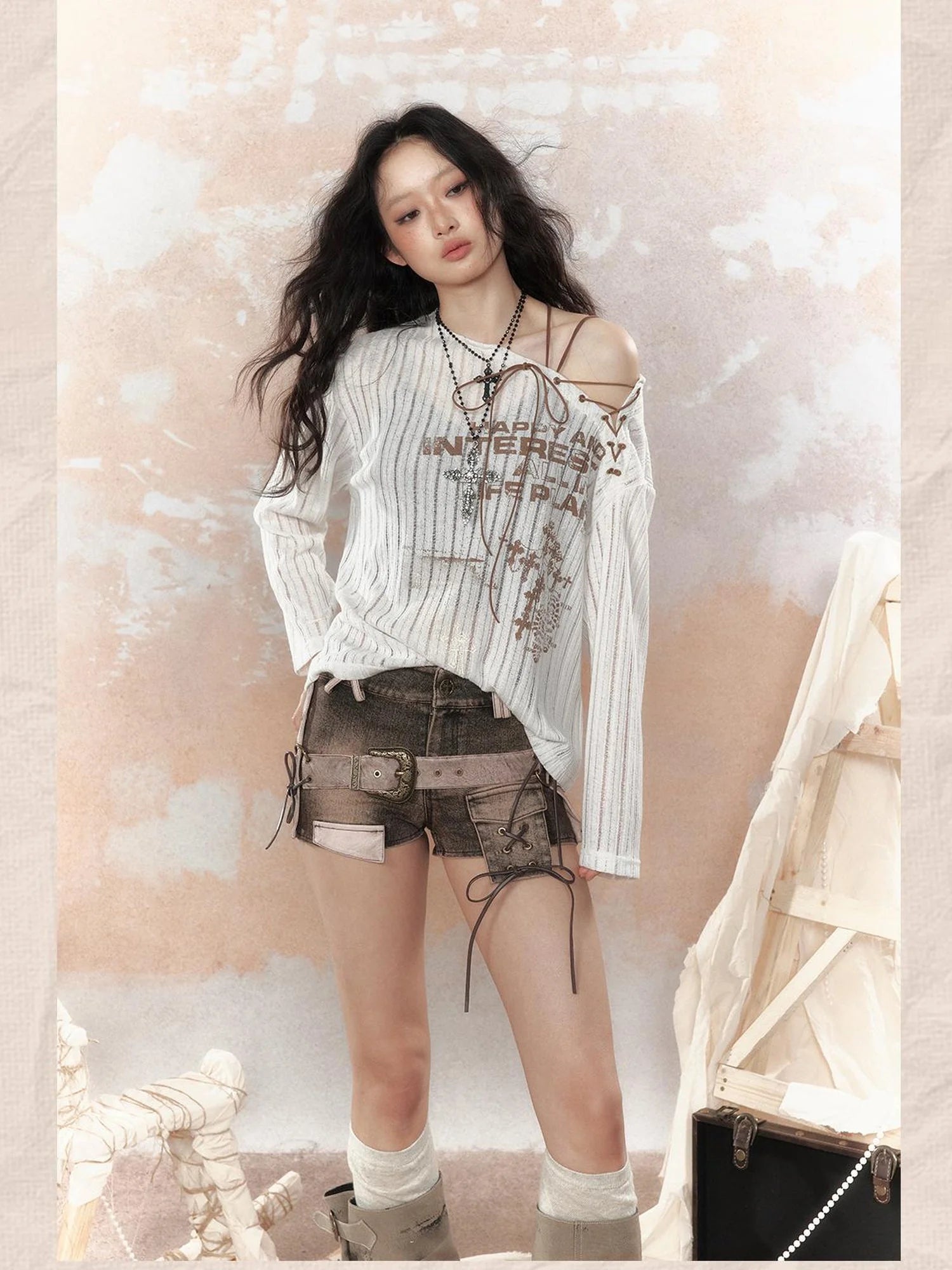 Steampunk Fairy Tale Torn Lace Sunshade Top V Neck T Shirt Long Sleeve
