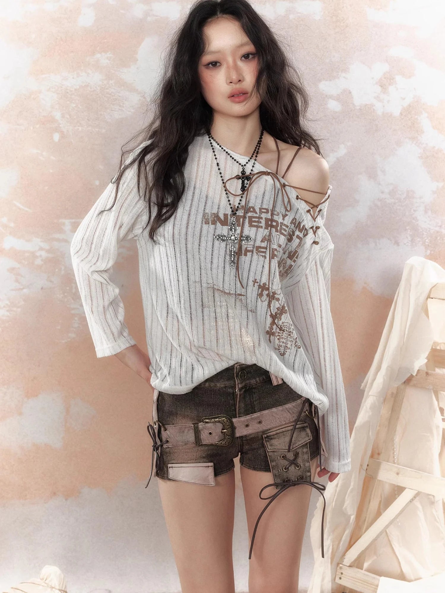 Steampunk Fairy Tale Torn Lace Sunshade Top V Neck T Shirt Long Sleeve