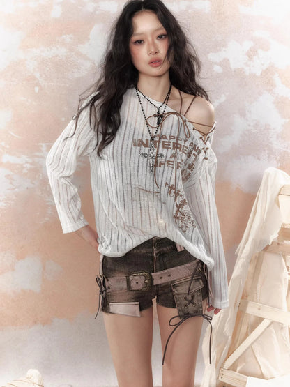 Steampunk Fairy Tale Torn Lace Sunshade Top V Neck T Shirt Long Sleeve