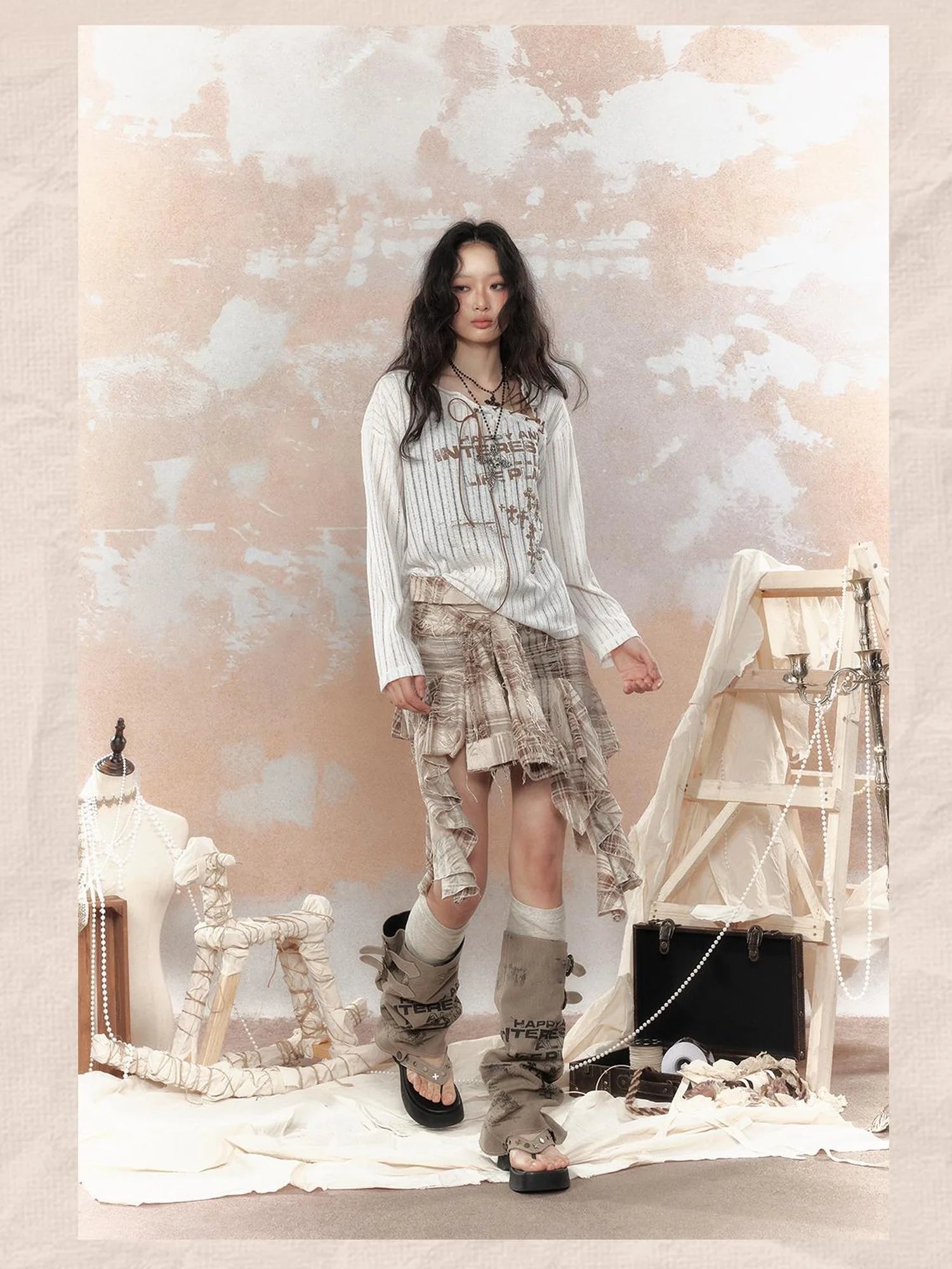 Steampunk Fairy Tale Torn Lace Sunshade Top V Neck T Shirt Long Sleeve