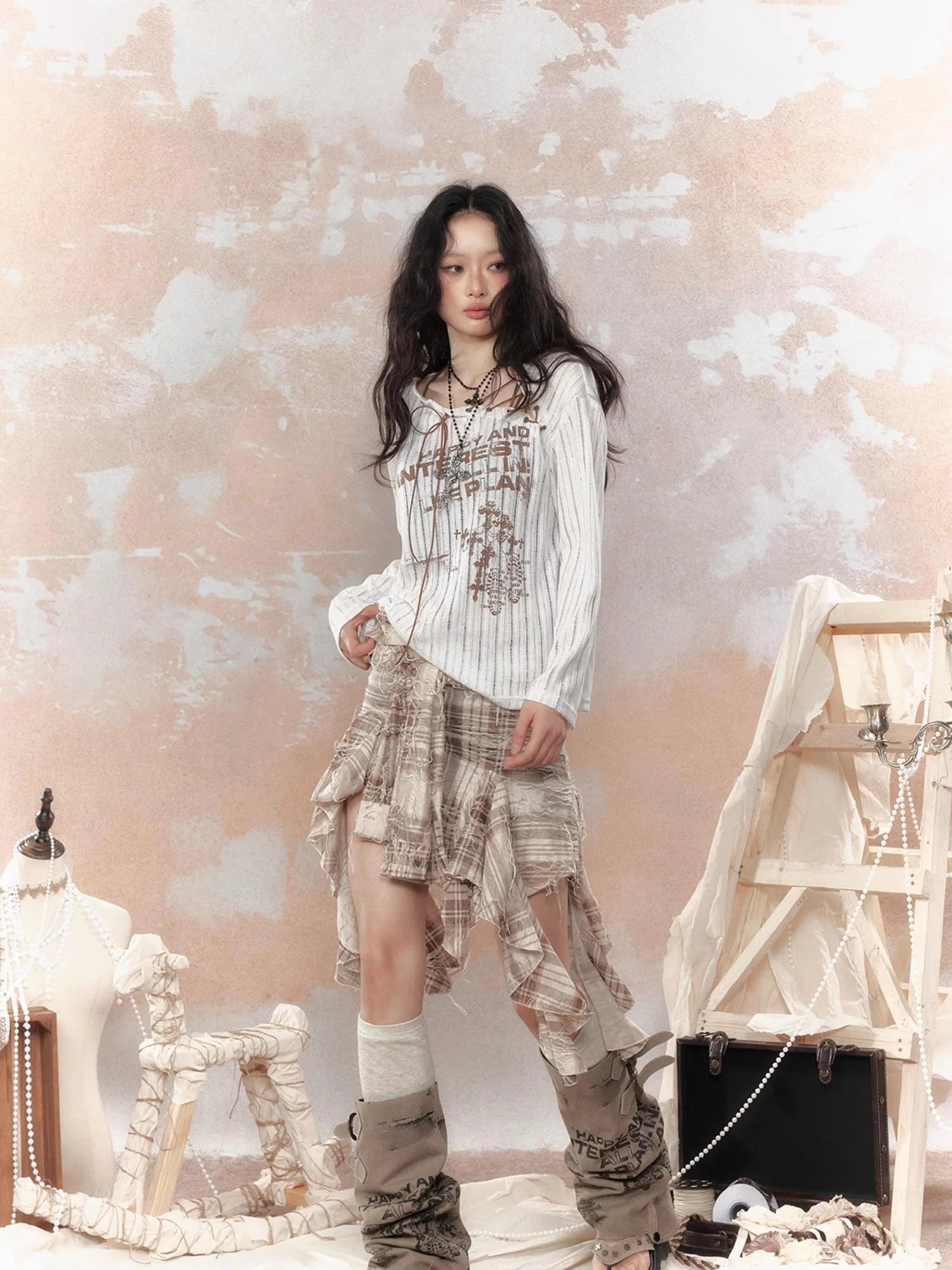 Steampunk Fairy Tale Torn Lace Sunshade Top V Neck T Shirt Long Sleeve