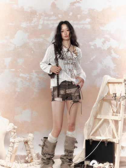 Steampunk Fairy Tale Torn Lace Sunshade Top V Neck T Shirt Long Sleeve