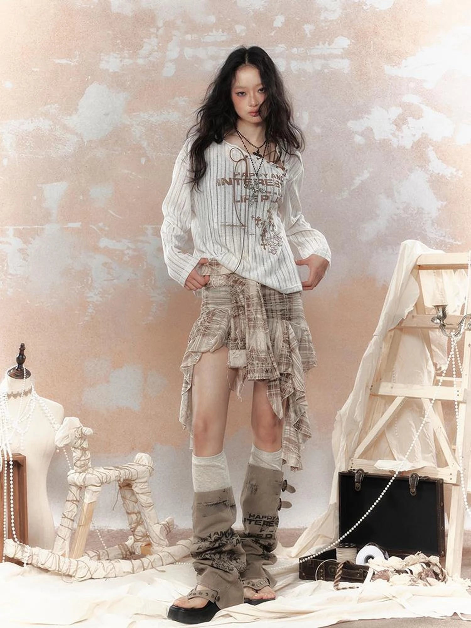 Steampunk Fairy Tale Torn Lace Sunshade Top V Neck T Shirt Long Sleeve