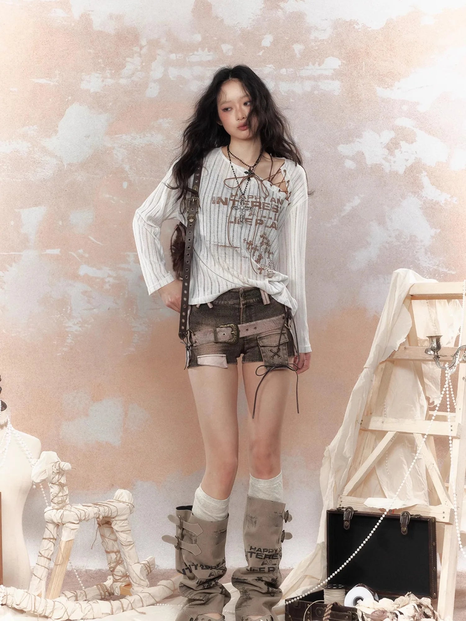 Steampunk Fairy Tale Torn Lace Sunshade Top V Neck T Shirt Long Sleeve
