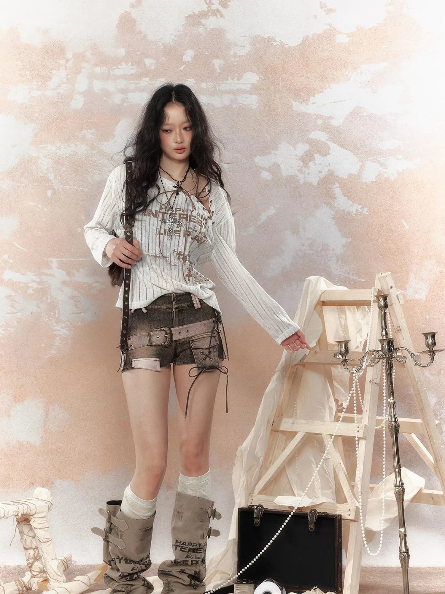 Steampunk Fairy Tale Torn Lace Sunshade Top V Neck T Shirt Long Sleeve
