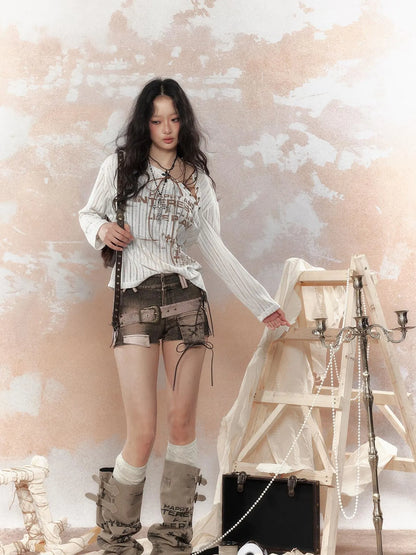 Steampunk Fairy Tale Torn Lace Sunshade Top V Neck T Shirt Long Sleeve