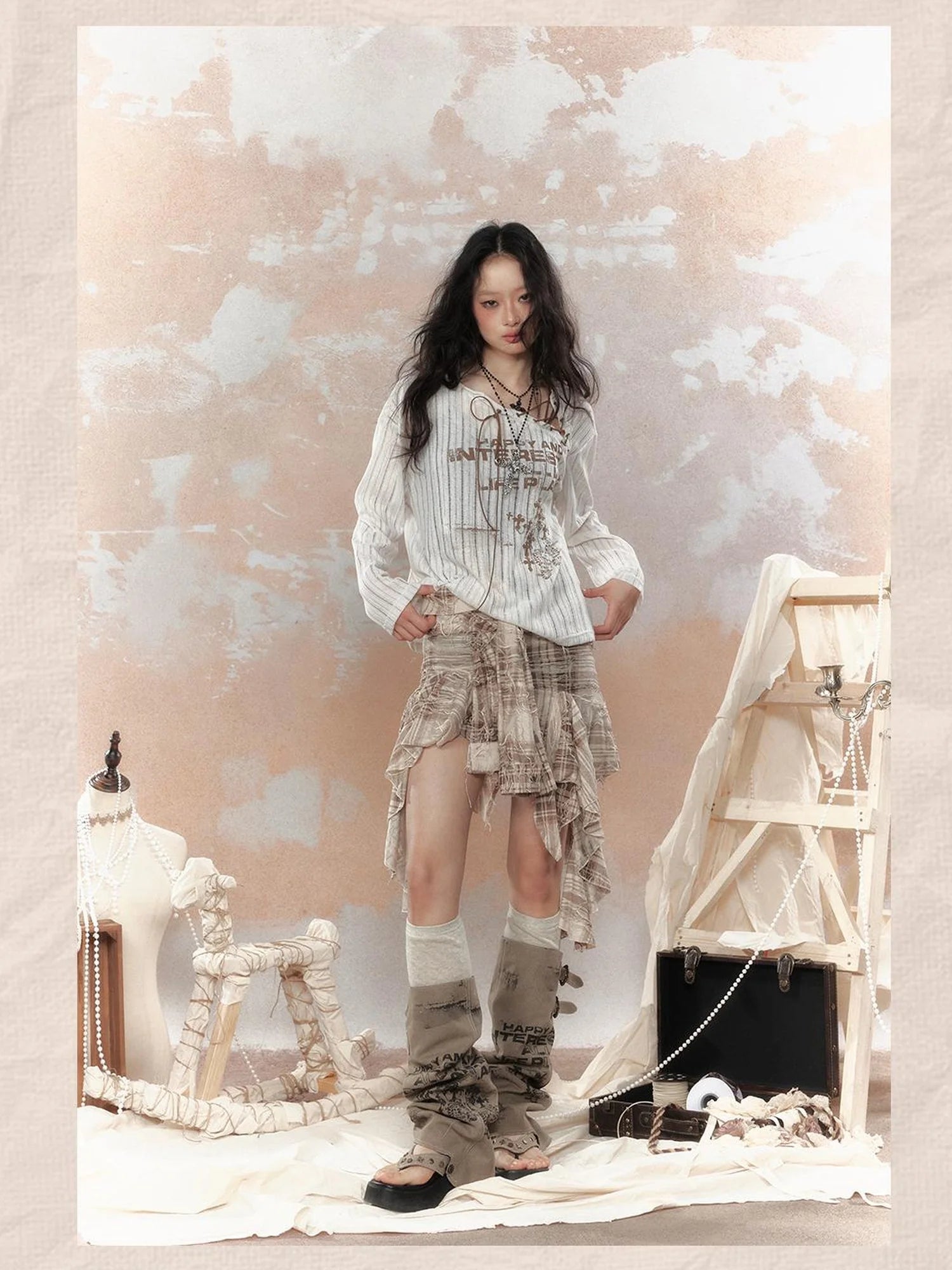 Steampunk Fairy Tale Torn Lace Sunshade Top V Neck T Shirt Long Sleeve