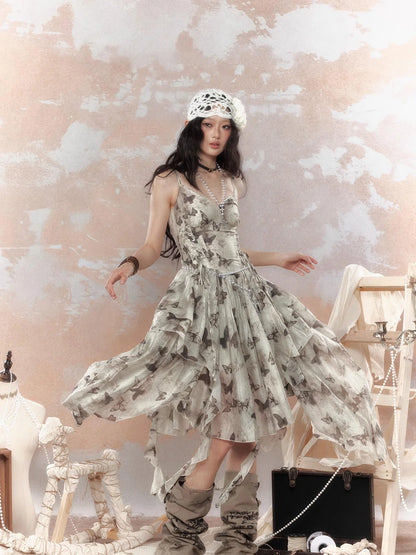 Steampunk Floral Lace Up Asymmetrical Layered Ruffle Dress