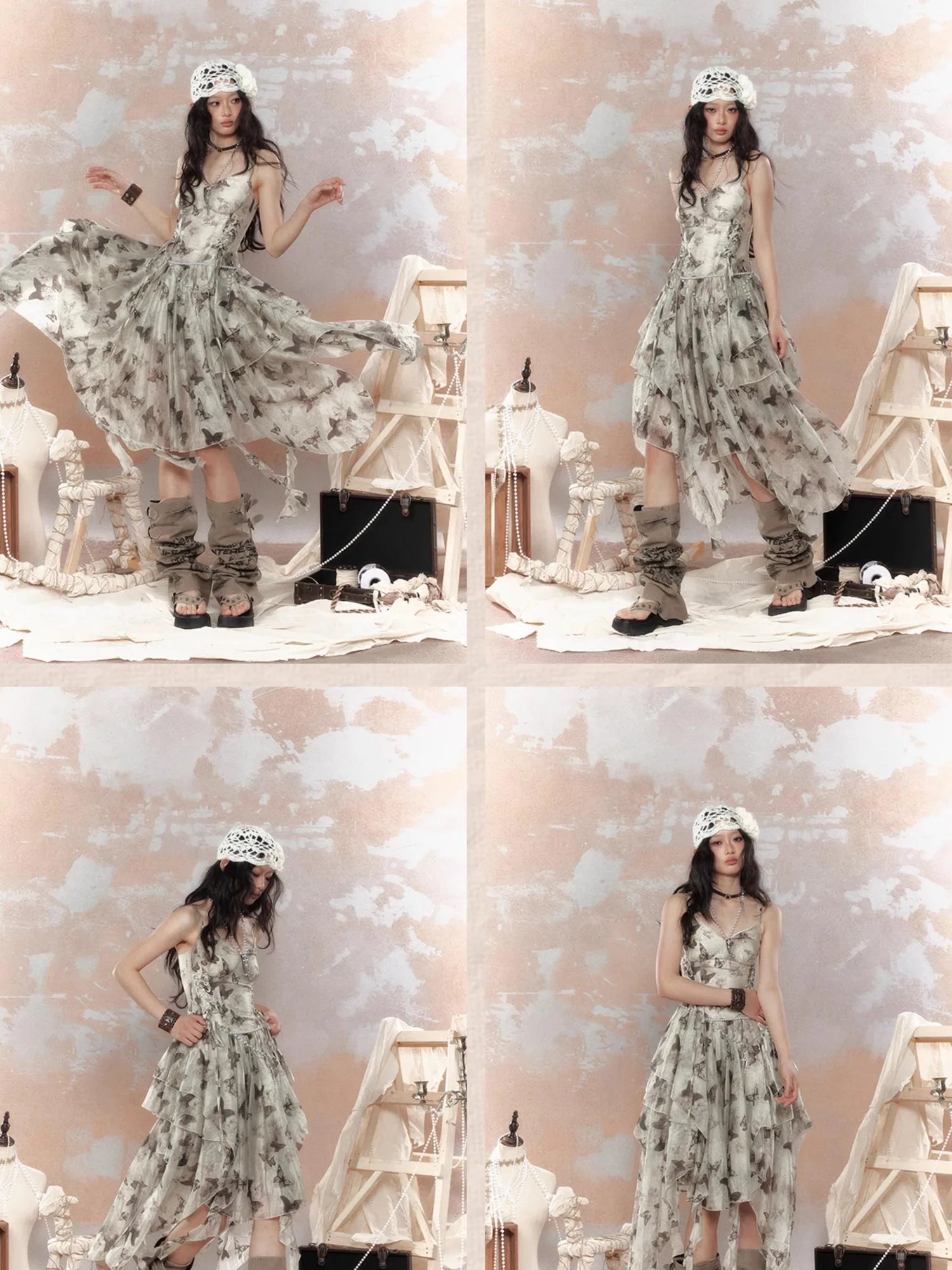 Steampunk Floral Lace Up Asymmetrical Layered Ruffle Dress