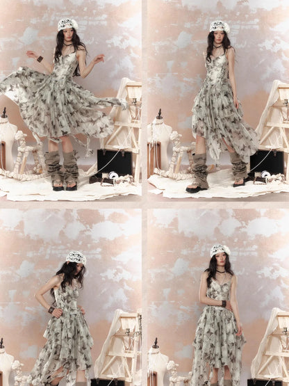 Steampunk Floral Lace Up Asymmetrical Layered Ruffle Dress