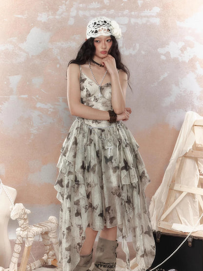 Steampunk Floral Lace Up Asymmetrical Layered Ruffle Dress