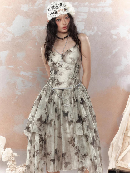 Steampunk Floral Lace Up Asymmetrical Layered Ruffle Dress