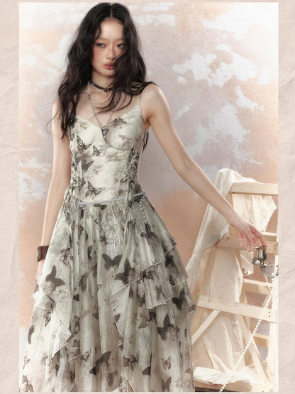 Steampunk Floral Lace Up Asymmetrical Layered Ruffle Dress