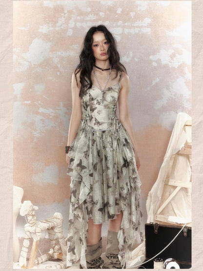 Steampunk Floral Lace Up Asymmetrical Layered Ruffle Dress
