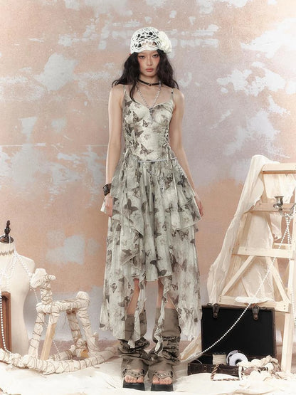 Steampunk Floral Lace Up Asymmetrical Layered Ruffle Dress