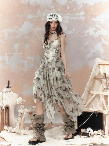 Steampunk Floral Lace Up Asymmetrical Layered Ruffle Dress