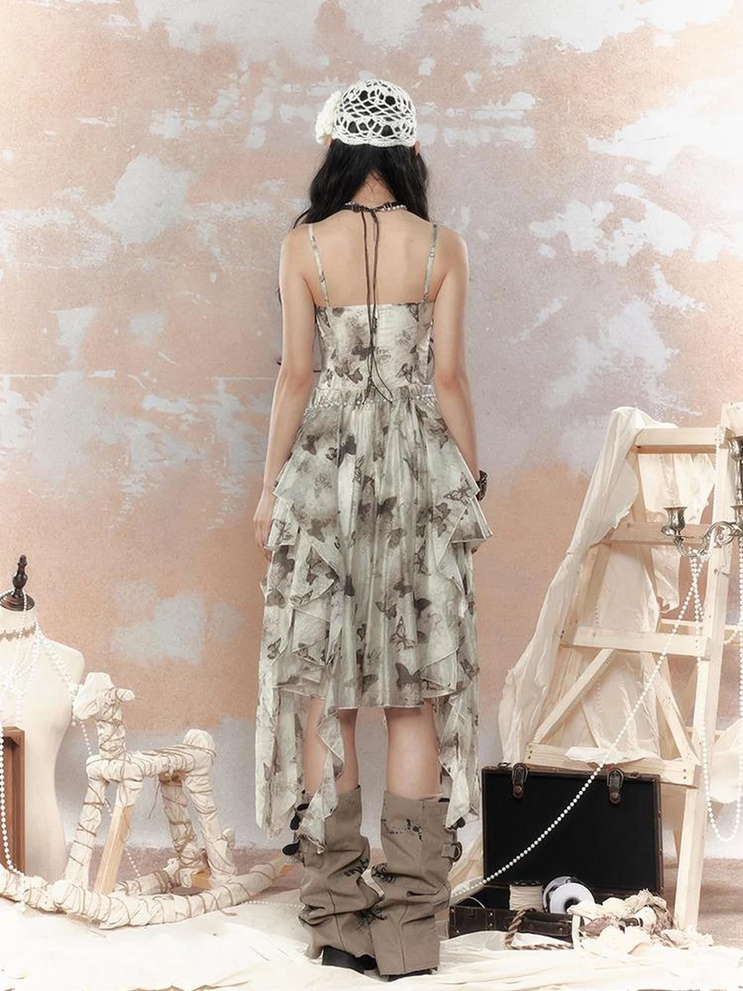 Steampunk Floral Lace Up Asymmetrical Layered Ruffle Dress
