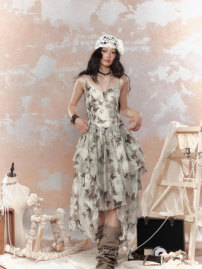 Steampunk Floral Lace Up Asymmetrical Layered Ruffle Dress