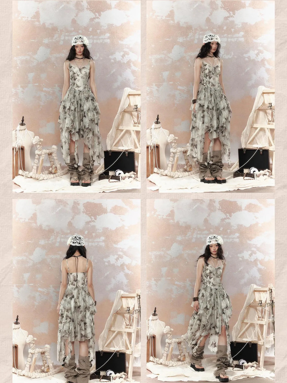 Steampunk Floral Lace Up Asymmetrical Layered Ruffle Dress