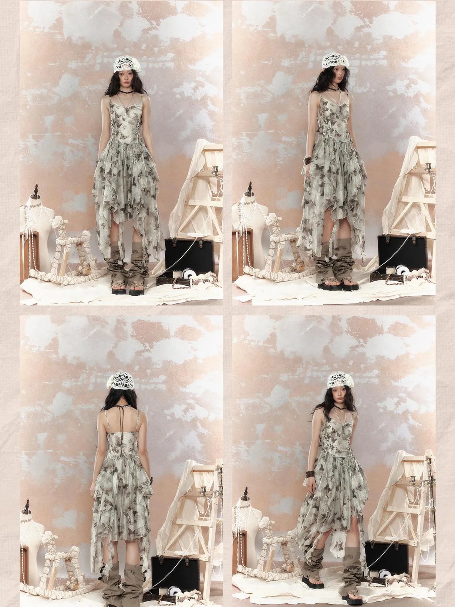 Steampunk Floral Lace Up Asymmetrical Layered Ruffle Dress