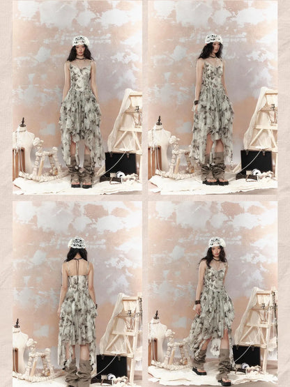 Steampunk Floral Lace Up Asymmetrical Layered Ruffle Dress