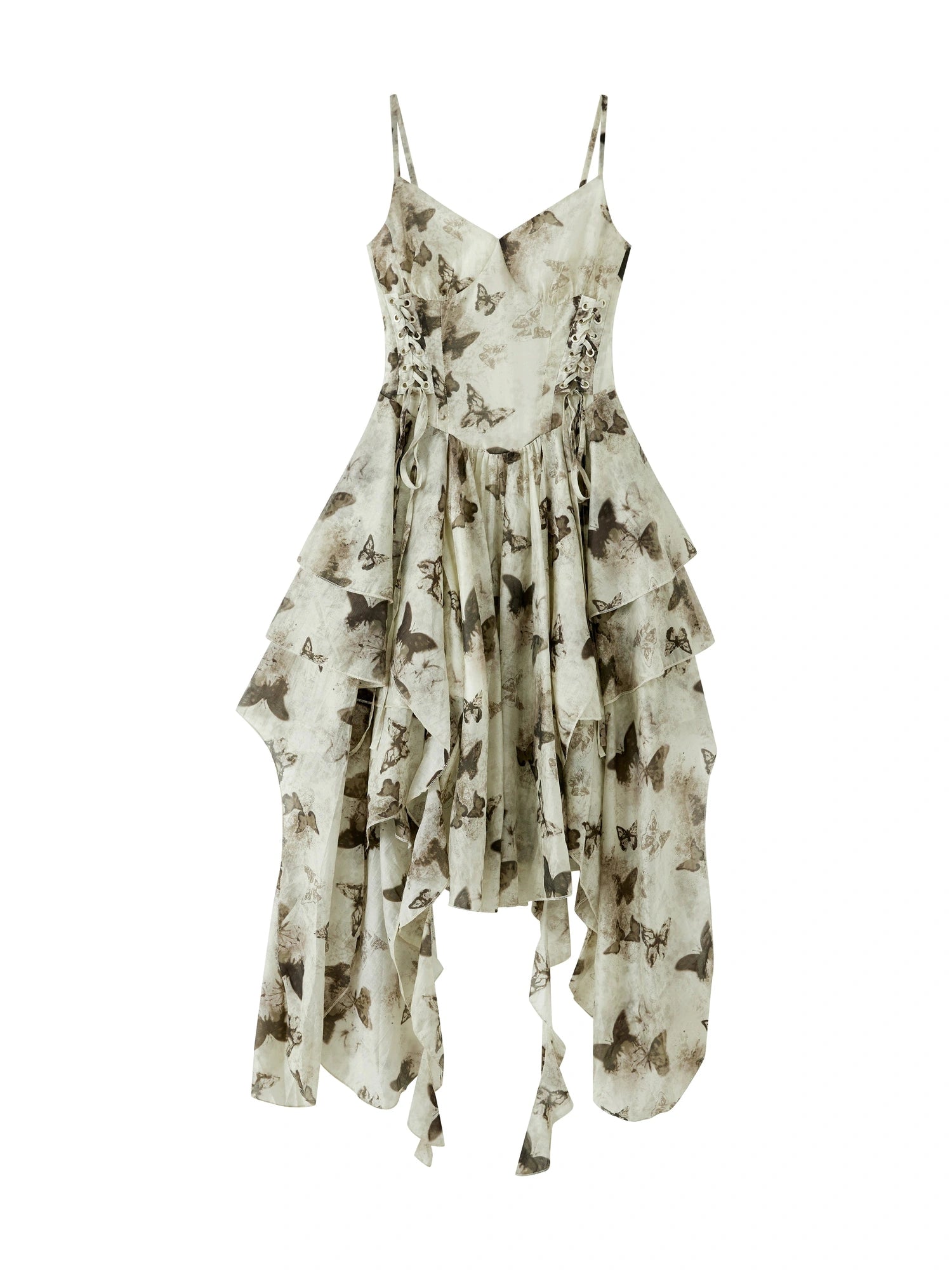 Steampunk Floral Lace Up Asymmetrical Layered Ruffle Dress