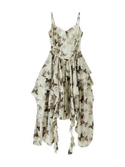 Steampunk Floral Lace Up Asymmetrical Layered Ruffle Dress