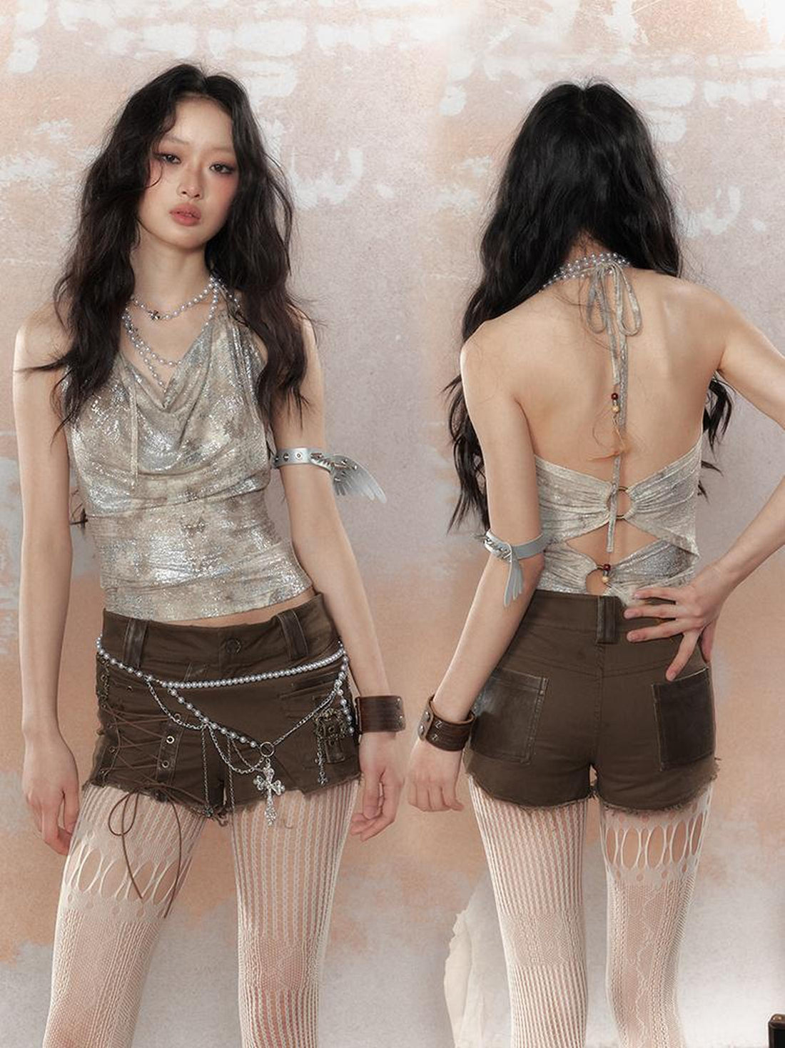 ALL iN plan Steampunk Glitter Glitch Halter Top V-Neck T-Shirt Long Sleeve