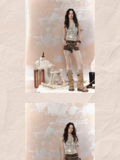 Steampunk Glitter Glitch Halter Top V Neck T Shirt Long Sleeve