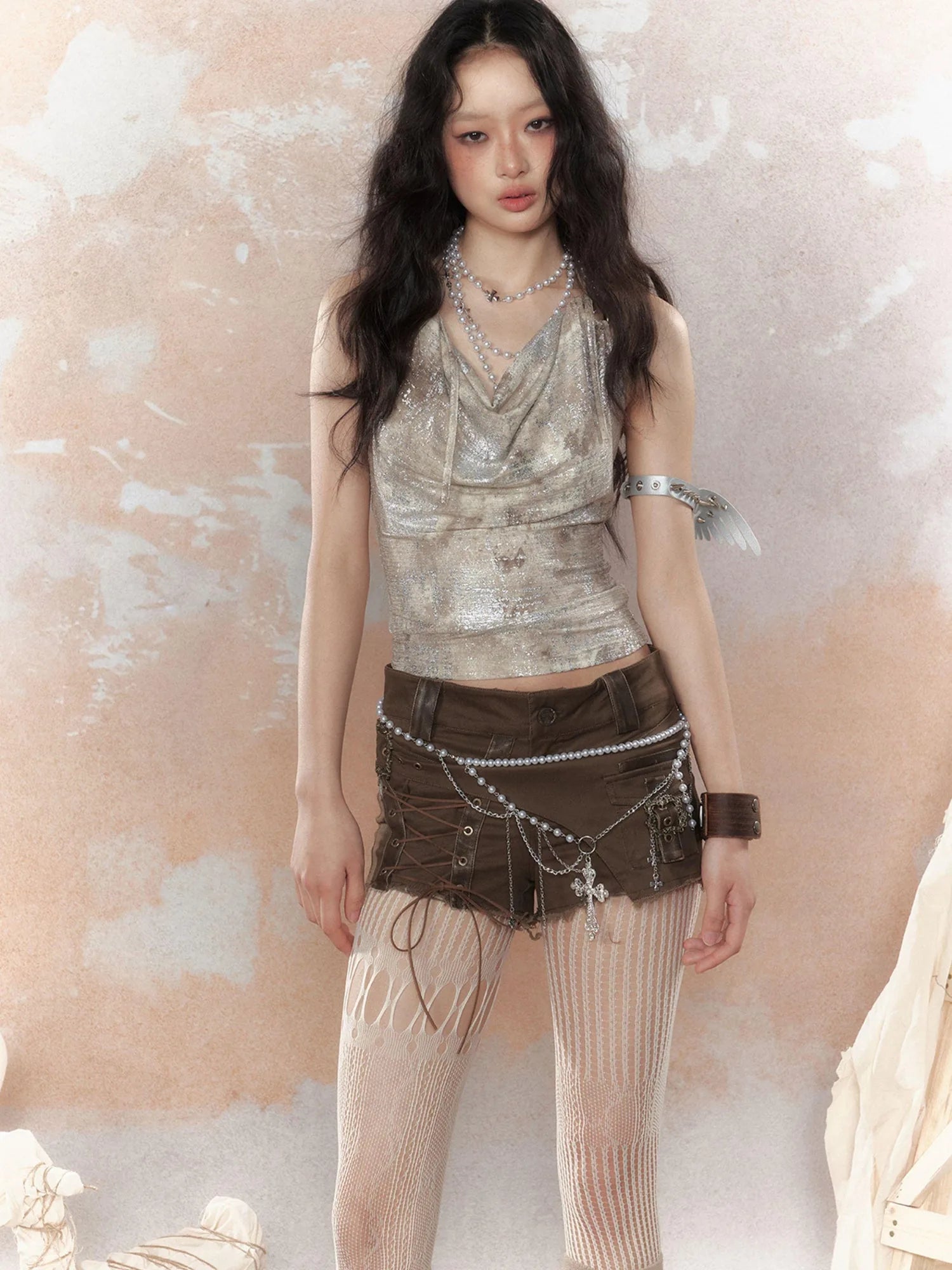 Steampunk Glitter Glitch Halter Top V Neck T Shirt Long Sleeve