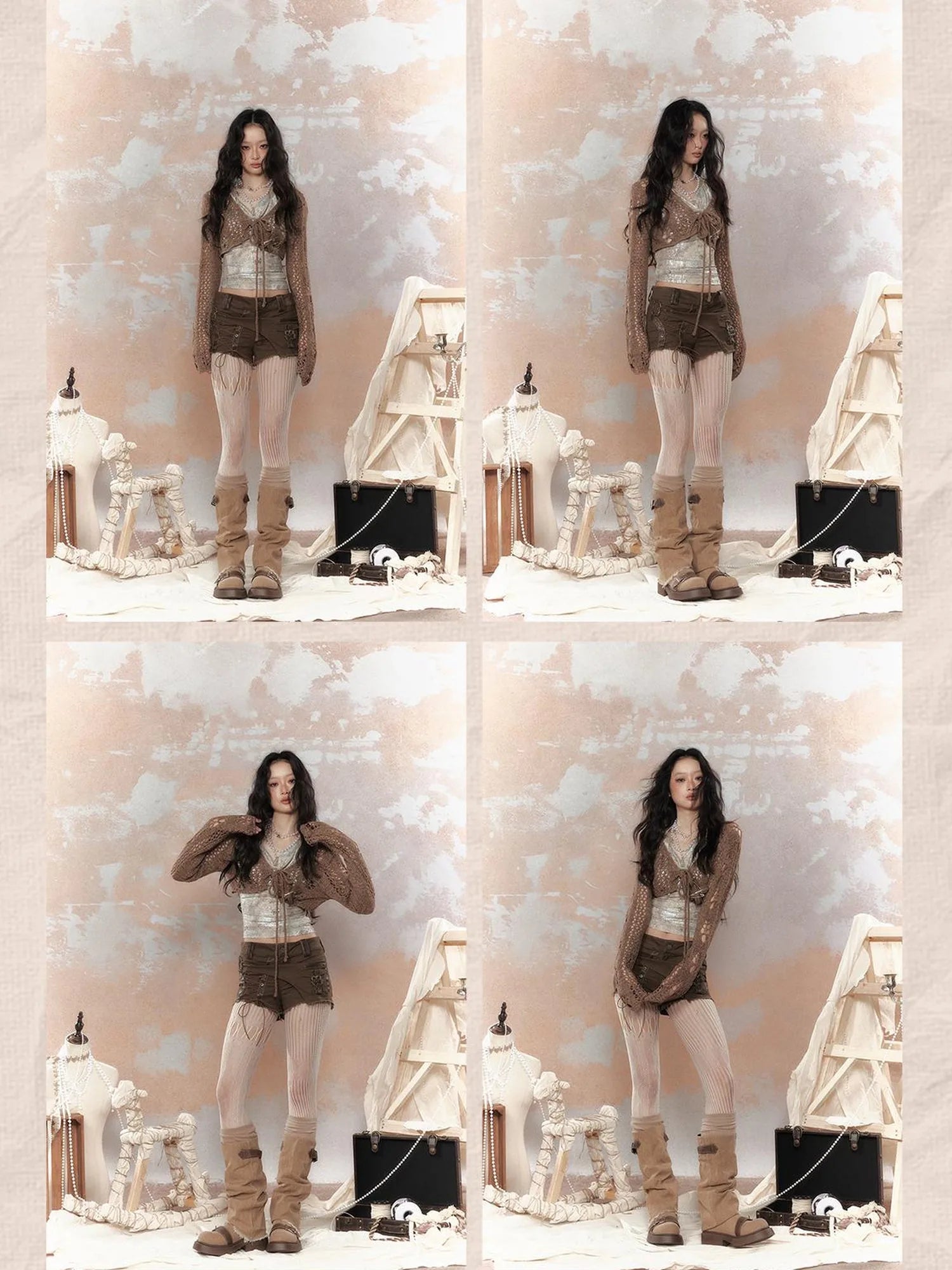 Steampunk Glitter Glitch Halter Top V Neck T Shirt Long Sleeve