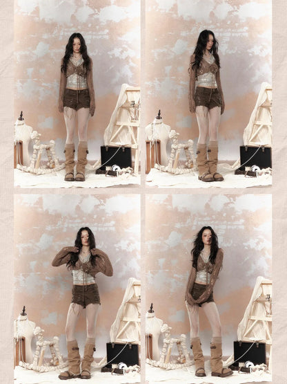 Steampunk Glitter Glitch Halter Top V Neck T Shirt Long Sleeve